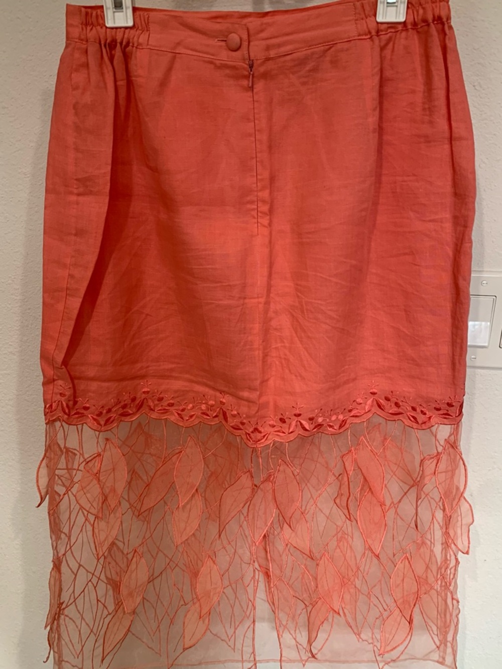 Coral Embroidered Leaf Lace Hem Midi Skirt, 100% linen - Picture 2 of 7